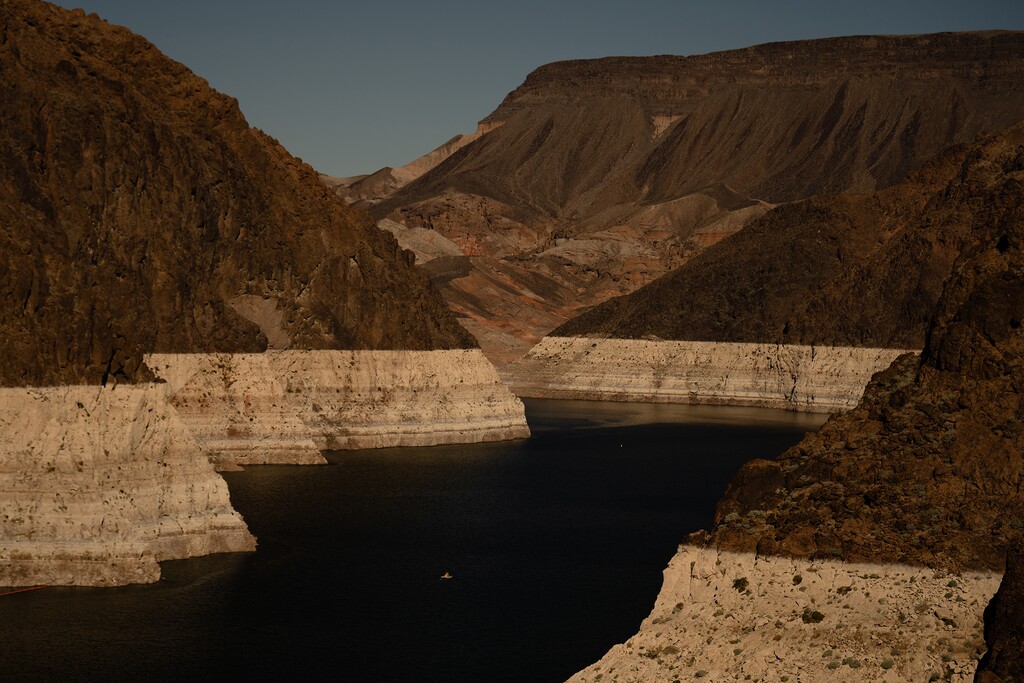 (Erin Schaff | The New York Times) A section of Lake Mead with the “bathtub ring” visible after a decades-long megadrought.