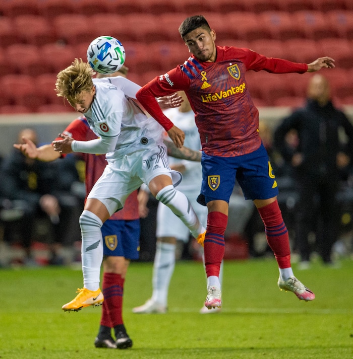 (Rick Egan  |  The Salt Lake Tribune)  Los Angeles FC midfielder Bryce Duke (19) goes for the ball along with Real Salt Lake midfielder Pablo Ruiz (6), in MLS soccer action between Real Salt Lake and Los Angeles FC at Rio Tinto Stadium, on Wednesday, Sept. 9, 2020.


