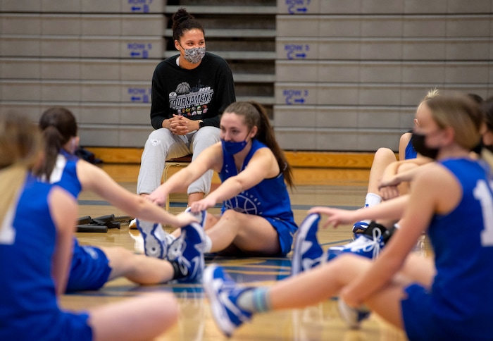 (Francisco Kjolseth  | The Salt Lake Tribune) Timea Gardiner who is currently injured, joins her teammates as they warm up for a practice on Wednesday, Feb. 24, 2021.