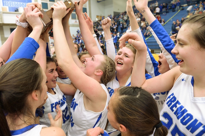 (Leah Hogsten  |  The Salt Lake Tribune) Fremont celebrates the win. Fremont defeated Bingham 61-47 to win the 6A High School Girls' Basketball Tournament title at SLCC in Taylorsville,Saturday, Feb. 24, 2018. 