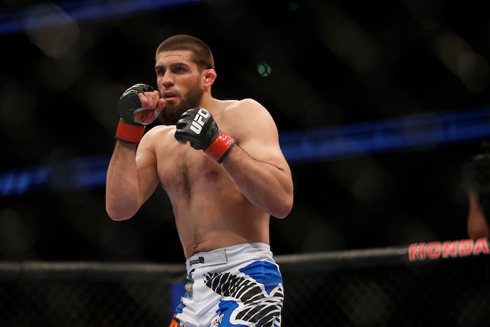 Court McGee looks on before his UFC welterweight mixed martial arts match against Josh Neer in Anaheim, Calif., Saturday, Feb. 23, 2013. (AP Photo/Jae C. Hong)