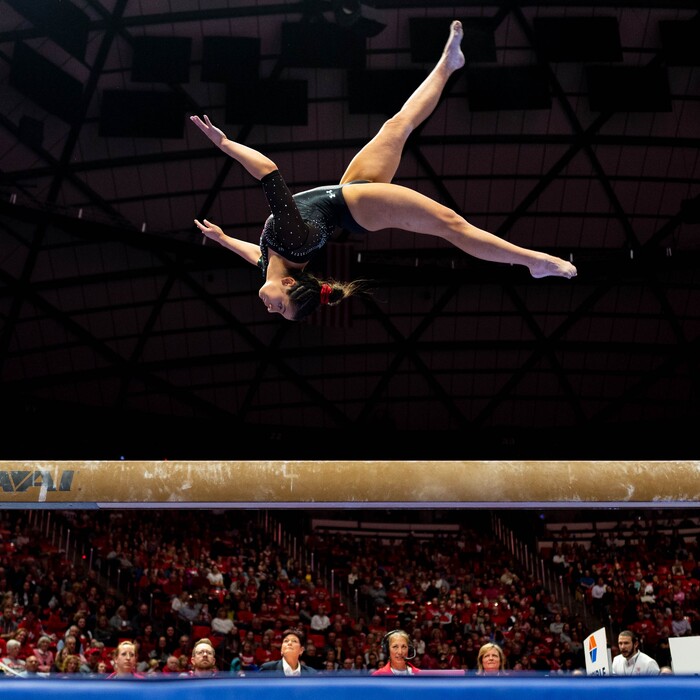 (Trent Nelson  |  The Salt Lake Tribune) Alexia Burch on the beam as the University of Utah hosts Arizona State, NCAA gymnastics in Salt Lake City on Friday, Jan. 24, 2020.