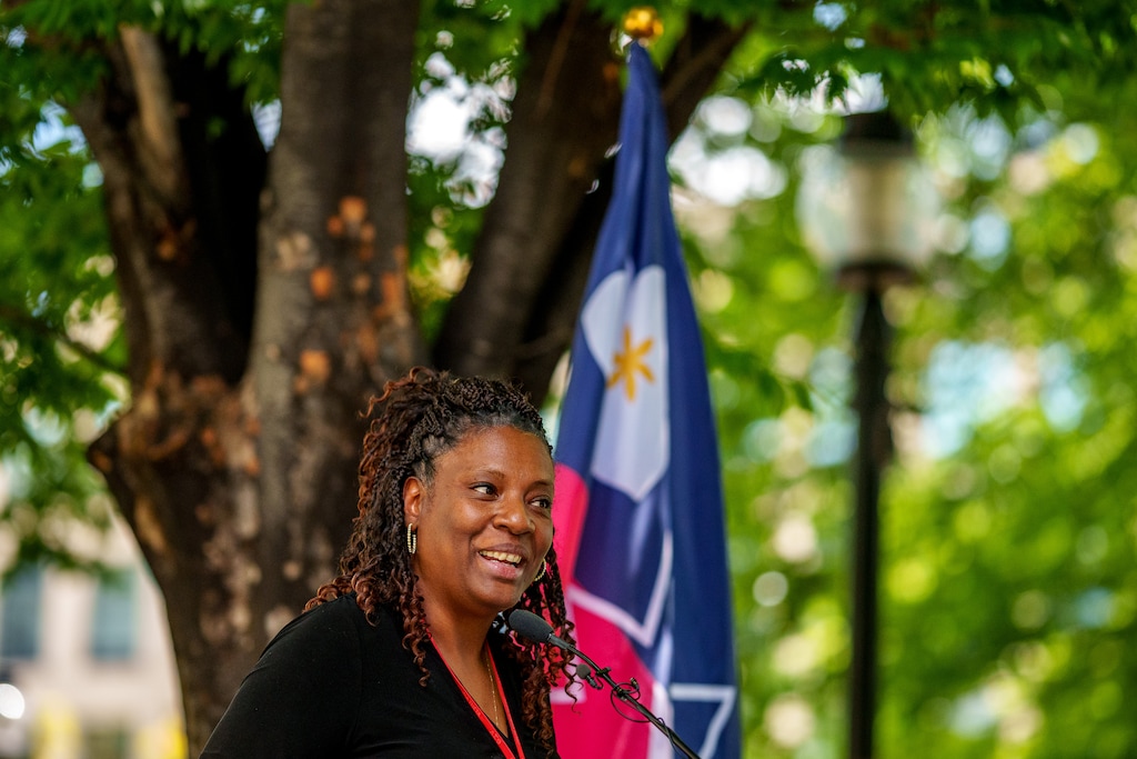(Trent Nelson  |  The Salt Lake Tribune) Rep. Sandra Hollins, D-Salt Lake City, speaks at a celebration of Juneteenth National Independence Day at City Hall in Salt Lake City on Tuesday, June 10, 2025.