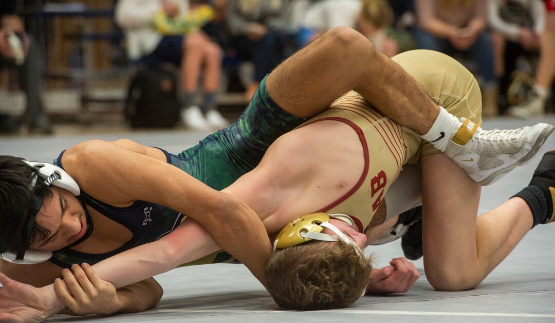 (Rick Egan | The Salt Lake Tribune)  Kaden Ercanbrack (Juab) wrestles Edgar Renteria (Snow Canyon) in the 113 division at the High School All Star wrestling event in Orem, on Tuesday, Jan. 12, 2021.