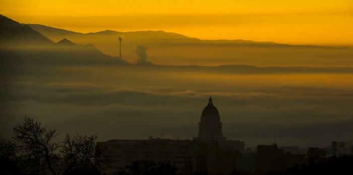 (Steve Griffin  |  The Salt Lake Tribune)  Dense fog covers the Salt Lake Valley as an inversion settles in Tuesday December 26, 2017.