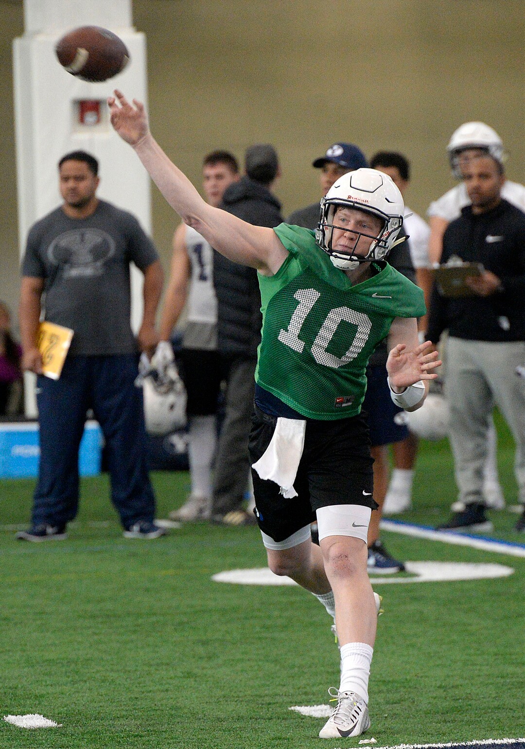 (Al Hartmann  |  The Salt Lake Tribune) 	 BYU opened spring football camp on Monday March 5 in the indoor playing facility.  Quarterback Joe Critchlow takes his turn running the offense. 