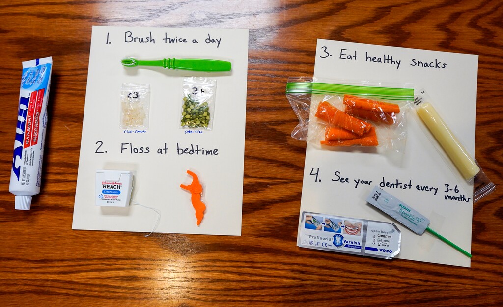 (Chris Samuels | The Salt Lake Tribune) Dental hygiene tips on display at the Department of Health and Human Services building in Salt Lake City, Friday, May 2, 2025, at a news conference how residents can supplement fluoride use as HB 81, which outlaws adding fluoride in drinking water, comes into effect on Wednesday, May 7.