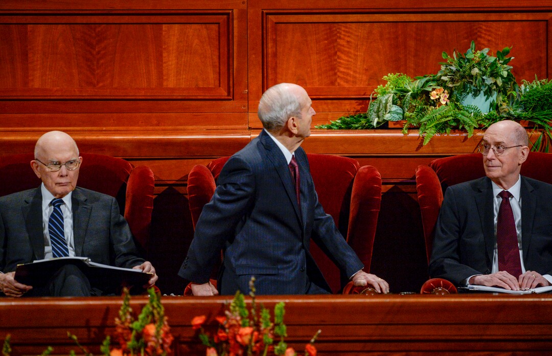 Leah Hogsten  |  The Salt Lake Tribune l-r President Russell M. Nelson gets a better look at the choir, seated in between President Dallin H. Oaks and President Henry B. Eyring during the morning session of the189th Annual 2019 Spring General Conference of The Church of Jesus Christ of Latter-day Saints in Salt Lake City. 