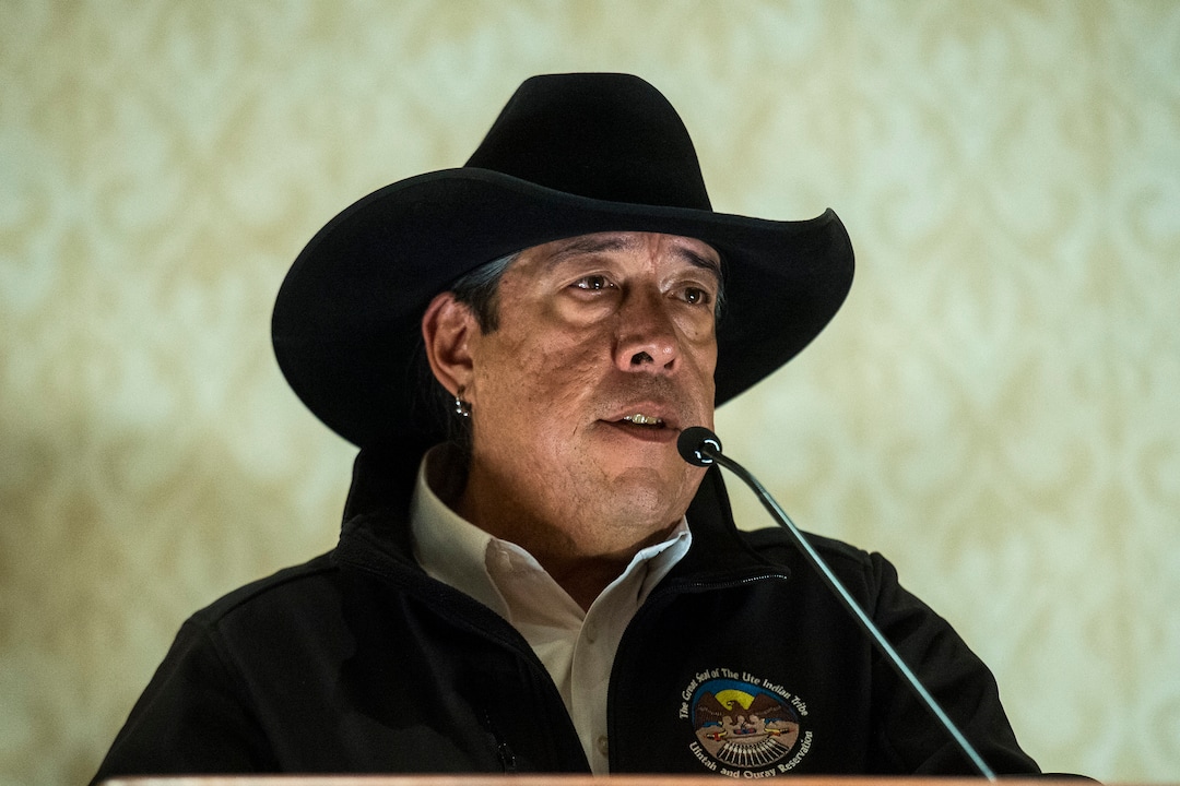 (Chris Detrick  |  The Salt Lake Tribune) Shaun Chapoose, Business Committee Member, Ute Indian Tribe, speaks during a press conference at the Salt Lake Marriott City Center Monday, December 4, 2017.  
