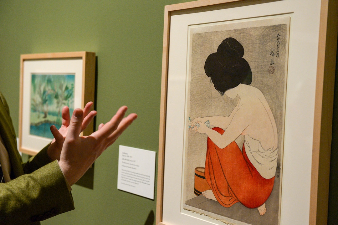 (Leah Hogsten  |  The Salt Lake Tribune) Seven Masters: 20th-Century Japanese Woodblock Prints curator Andreas Marks talks about the work titled After the Bath, 1917, woodblock print; ink and color on paper by Ito Shinsui. The Utah Museum of Fine Arts exhibit Seven Masters: 20th-Century Japanese Woodblock Prints, from the Minneapolis Institute of Art features the work of seven woodblock print artists who created a new art form, shin hanga.