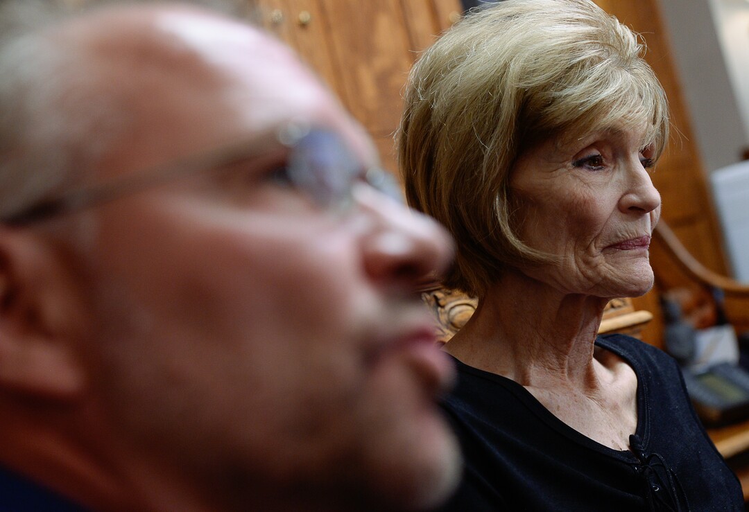 (Francisco Kjolseth  |  The Salt Lake Tribune)  Grant Stanfield and his mother Connie Elison, brother and mother of Thomas Stanfield who was shot and killed by a Citadel security guard last week, speak with the press at the office of their attorney, Robert Sykes, in Salt Lake City on Tuesday, June 26, 2018, after filing a civil rights and wrongful death law suit.