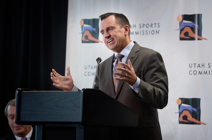 (Scott Sommerdorf | The Salt Lake Tribune)
Speaker Greg Hughes speaks as members of the newly-announced Olympic/Paralympic Exploratory Committee (OEC) met with members of the media to outline their reasons for exploring the possibility of hosting a future Olympic Winter Games, Thursday, October 19, 2017.