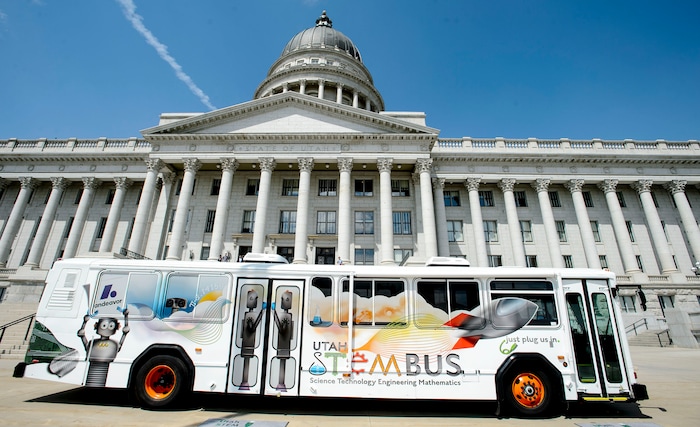 (Steve Griffin | The Salt Lake Tribune) The Utah STEM Bus is parked in front of the Utah State Capitol in Salt Lake City Wednesday August 16, 2017 prior to the Utah STEM Action Center's ribbon-cutting ceremony to celebrate the launch of the bus into the 2016-2017 school year. The Center transformed a donated Utah Transit Authority bus into a mobile classroom to bring hands-on science, technology, engineering and math experiences to Utah students.