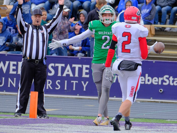 (Leah Hogsten  |  The Salt Lake Tribune)  South Summit's Parker Grajek celebrates his touchdown.  South Summit High School boys' football team leads Grand County High School 34-3 during their class 2A state semifinal football game Saturday, November 4, 2017 at Weber State University's Stewart Stadium.