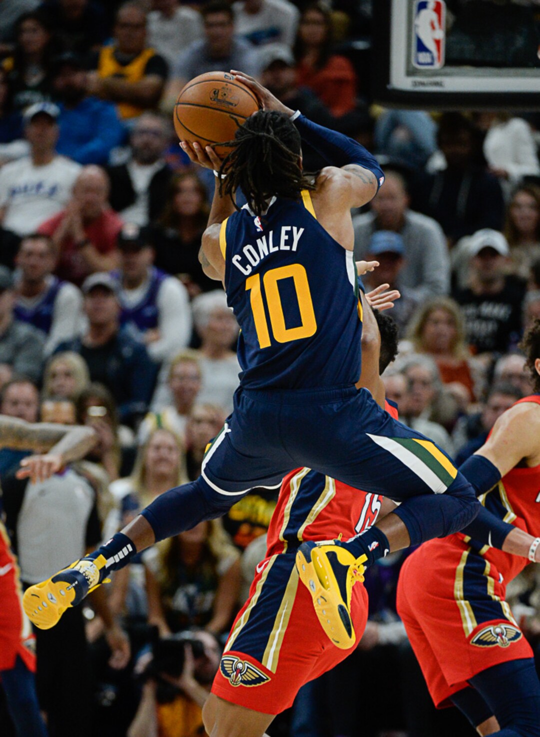 (Francisco Kjolseth  |  The Salt Lake Tribune)  Utah Jazz guard Mike Conley (10) finds his target as the Utah Jazz host the New Orleans Pelicans in their NBA basketball game at Vivint Smart Home Arena in Salt Lake City on Sat. Nov. 23, 2019.