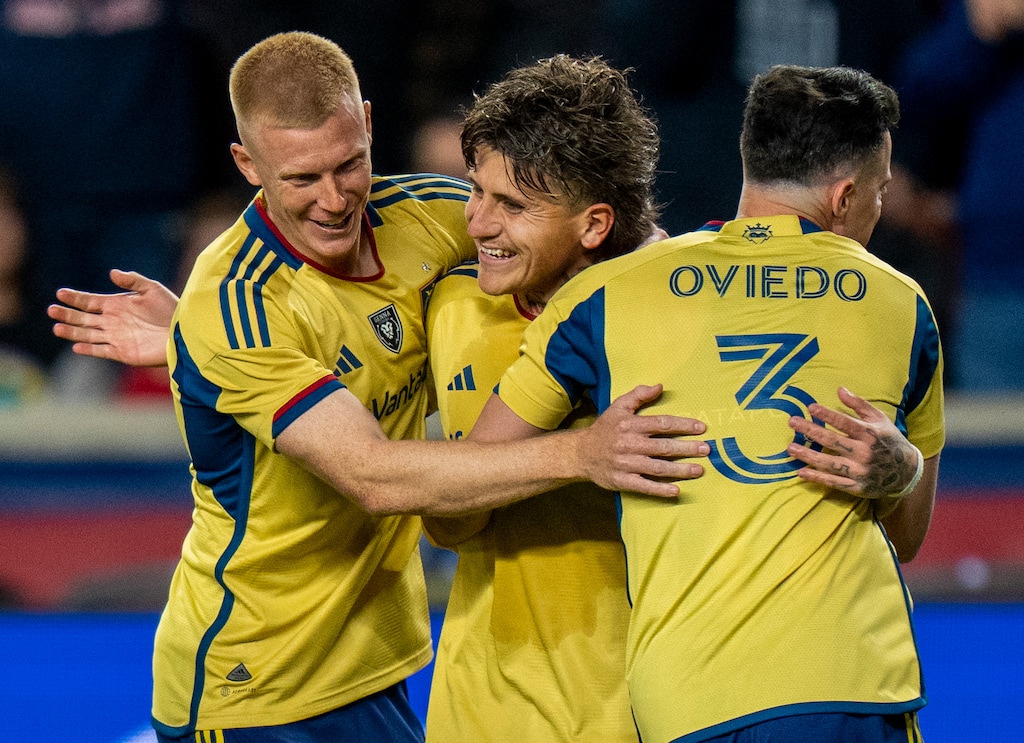 (Rick Egan | The Salt Lake Tribune) Real Salt Lake midfielder Diego Luna (26), celebrates with Real Salt Lake defender Justen Glad (15) and defender Bryan Oviedo (3) after kicking the winning goal during a shoot-out, in MLS soccer action between Houston Dynamo and Real Salt Lake, at America First Field, in Sandy, on Monday, Nov. 6, 2023.
