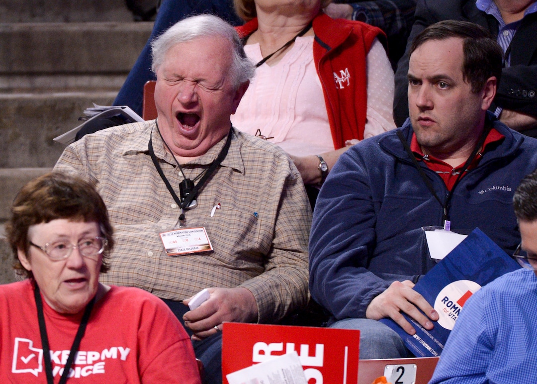 (Leah Hogsten  |  The Salt Lake Tribune) l-r Frustrations and weariness show on the faces of delegates as the convention drags on due to rigorous debate on bylaws, amendment proposals and rules at the Utah Republican Nominating Convention Saturday, April 21, 2018 at the Maverik Center. 