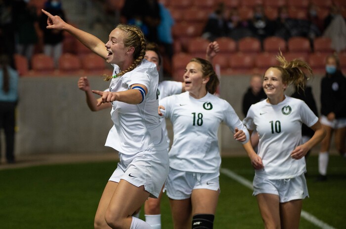 (Francisco Kjolseth  |  The Salt Lake Tribune) Olympus celebrates their win over Bonneville in overtime following their 5A high school girls championship game at Rio Tinto Stadium in Sandy on Friday, Oct. 23, 2020. Bonneville won 1-0 in overtime.