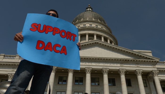 (Leah Hogsten  |  The Salt Lake Tribune) Luis Vallejo of Layton joined supporters of "We are Dreamers," a Utah pro-Deferred Action for Childhood Arrival (DACA) group, that marched in solidarity from the Utah Federal Building to the State Capitol with undocumented immigrants who will be affected by the end of DACA.