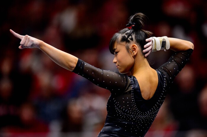 (Trent Nelson  |  The Salt Lake Tribune) Kim Tessen on the floor as the University of Utah hosts Arizona State, NCAA gymnastics in Salt Lake City on Friday, Jan. 24, 2020.