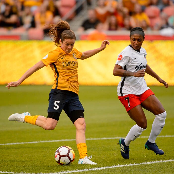 (Trent Nelson | The Salt Lake Tribune)
Utah Royals vs. Washington Spirit, soccer at Rio Tinto Stadium in Sandy, Saturday May 5, 2018. Utah Royals FC defender Kelley O'Hara (5) scores a goal. Defending is Washington Spirit midfielder Taylor Smith (7).