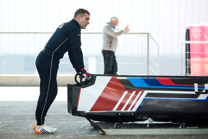 (Chris Detrick  |  The Salt Lake Tribune)  USA's Chris Fogt leans on his sled after the 4-man Official Training at Olympic Sliding Centre during the Pyeongchang 2018 Winter Olympics Wednesday, Feb. 21, 2018. 
