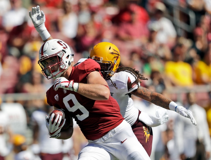 Stanford tight end Dalton Schultz (9) during the first half of an NCAA college football game against Arizona State Saturday, Sept. 30, 2017, in Stanford, Calif. (AP Photo/Marcio Jose Sanchez)