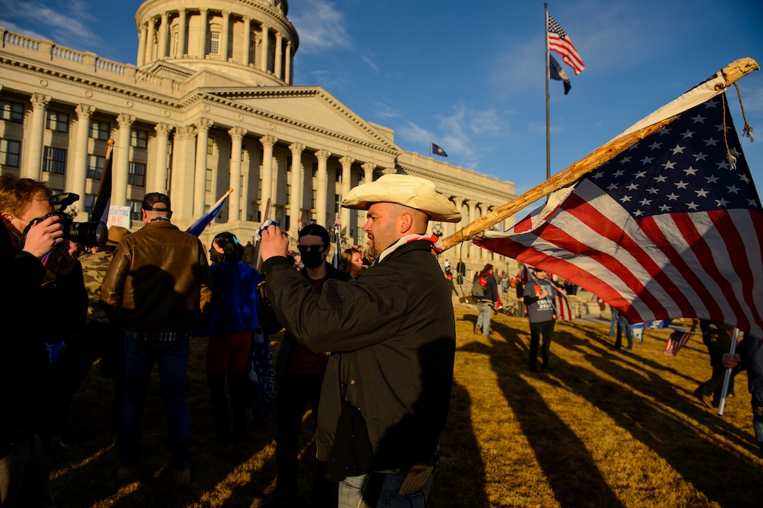 (Trent Nelson  |  The Salt Lake Tribune) A man calls for the hanging of "communist journalists" as Trump supporters gathered at the State Capitol in Salt Lake City on Wednesday, Jan. 6, 2021.