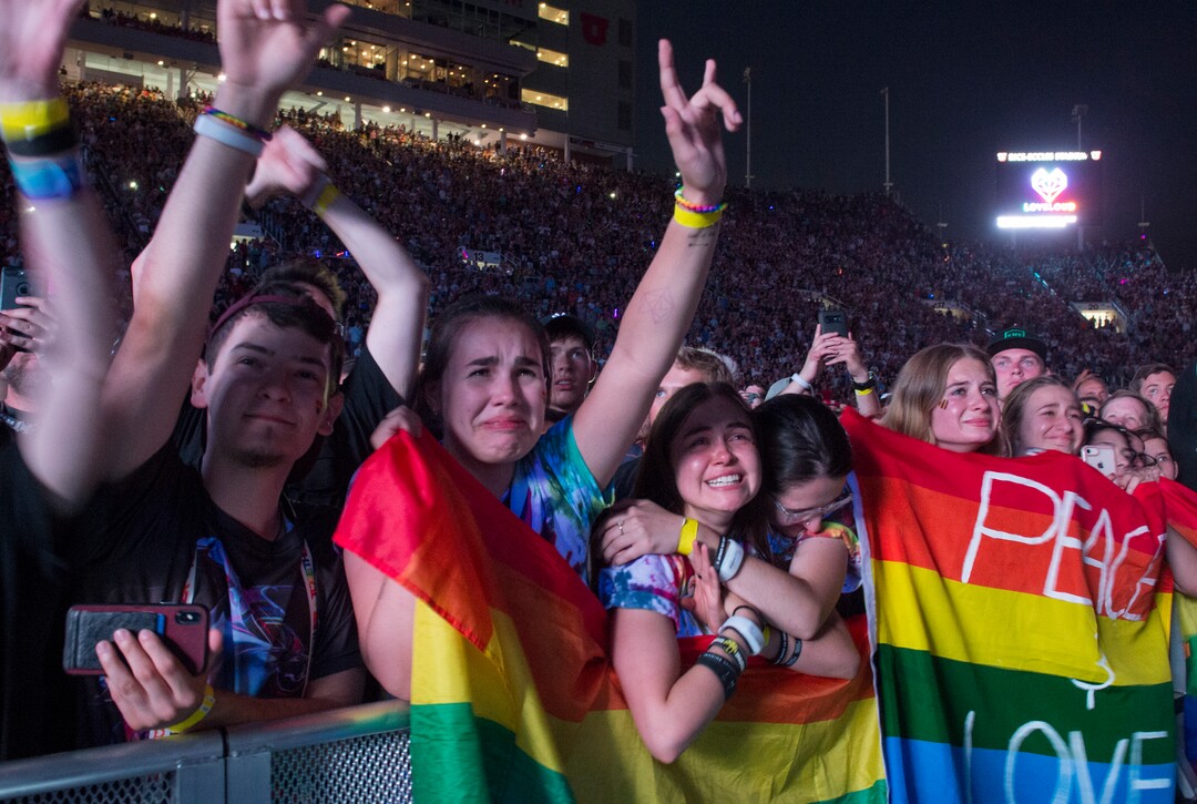 (Rick Egan  |  The Salt Lake Tribune)     The crowd reacts as Dan Reynolds performs with Imagine Dragons, at the Loveloud Festival at Rice-Eccles Stadium, Saturday, July 28, 2018.