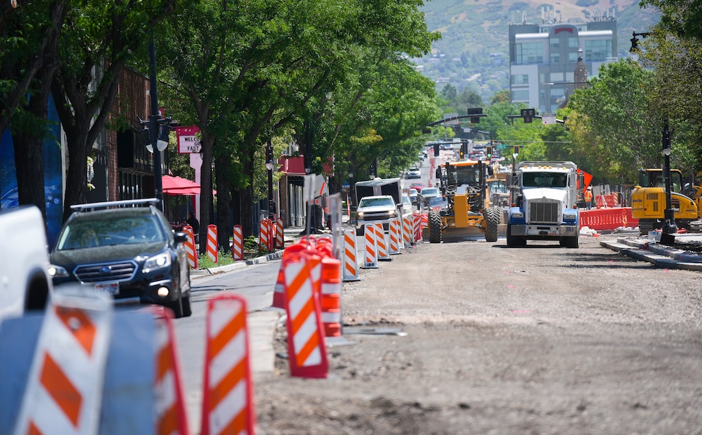 (Bethany Baker  |  The Salt Lake Tribune) Construction continues along 2100 South in Sugar House in Salt Lake City on Thursday, June 26, 2025.