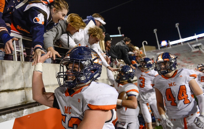 (Francisco Kjolseth  |  The Salt Lake Tribune)  Mountain Crest celebrates with the fans following a 17-7 win over Stansbury in their class 4A semifinal game at Rice-Eccles Stadium, Thursday, Nov. 9, 2017.