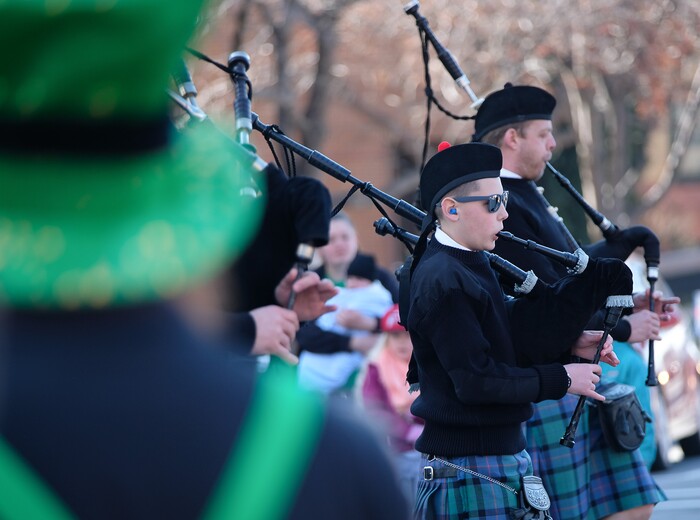 (Francisco Kjolseth | The Salt Lake Tribune) Brock McConkie, 12, joins the Thomas Cordner Memorial Pipe Band as they play along 200 South in Salt Lake City for the 41st annual St. PatrickÕs Day Parade.