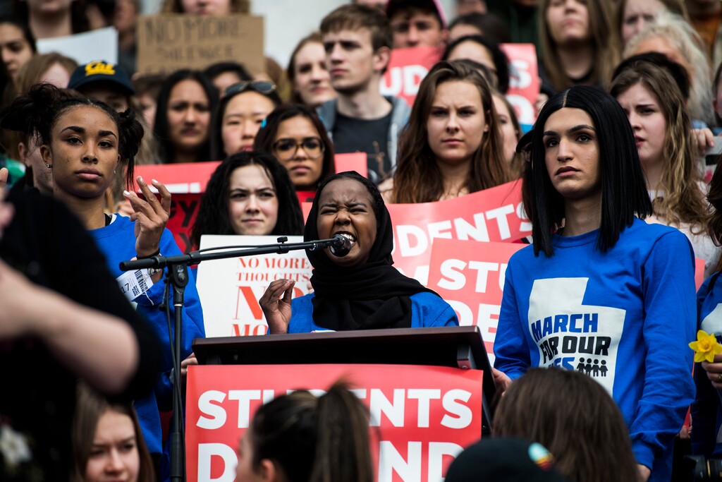 (Chris Detrick | The Salt Lake Tribune) Saida Dahir speaks during the March for Our Lives SLC at the state Capitol Saturday, March 24, 2018. The student-led March for Our Lives SLC got underway about 11:30 a.m. with what police estimated were 8,000 participants walking from Salt Lake CityÕs West High School to the front steps of the state Capitol.