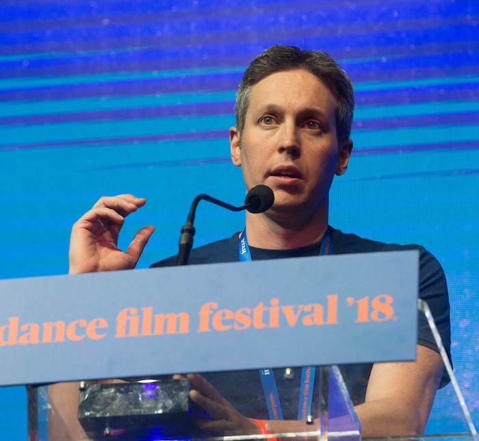 (Rick Egan  |  The Salt Lake Tribune)     Director  Tim Wardle  accepts the U.S. Documentary Special Jury Award for Storytelling, for Three Identical Strangers, at the 2018 Sundance Film Festival Awards Night, Saturday, January 27, 2018.


