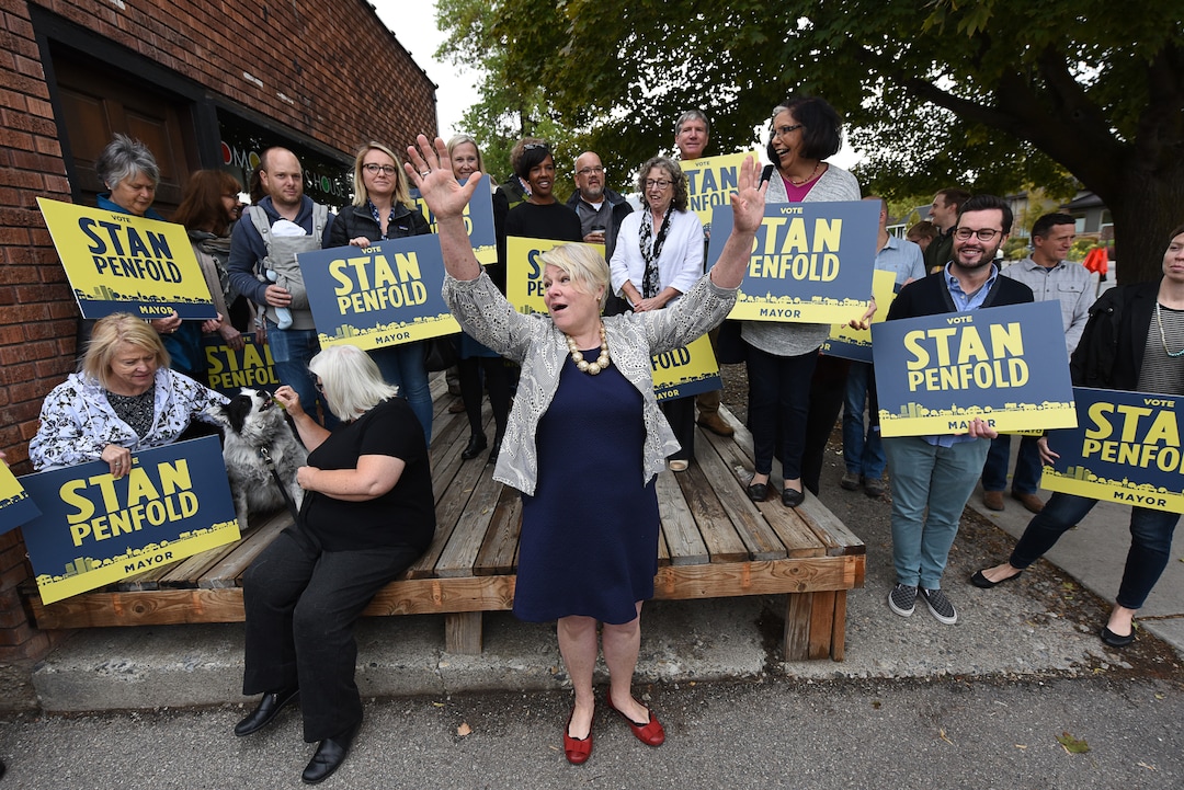 (Francisco Kjolseth  |  The Salt Lake Tribune)  Mary DeLaMare-Schaefer gets the attention of those gathered in support of former Salt Lake City Councilman Stan Penfold as he announces his bid for mayor in the 9th East and 9th South area of Salt Lake City on Thursday, Oct. 4, 2018.