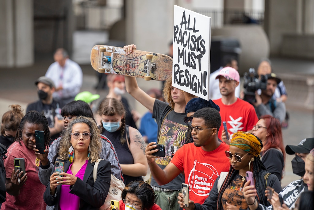 (Lauren Justice/The New York Times)
Protesters gather outside City Hall regarding the City Council controversy in Los Angeles on Tuesday, Oct. 11, 2022. A seething crowd disrupted a council meeting with shouted demands for the resignations of three members, whose racist conversation was captured on tape.