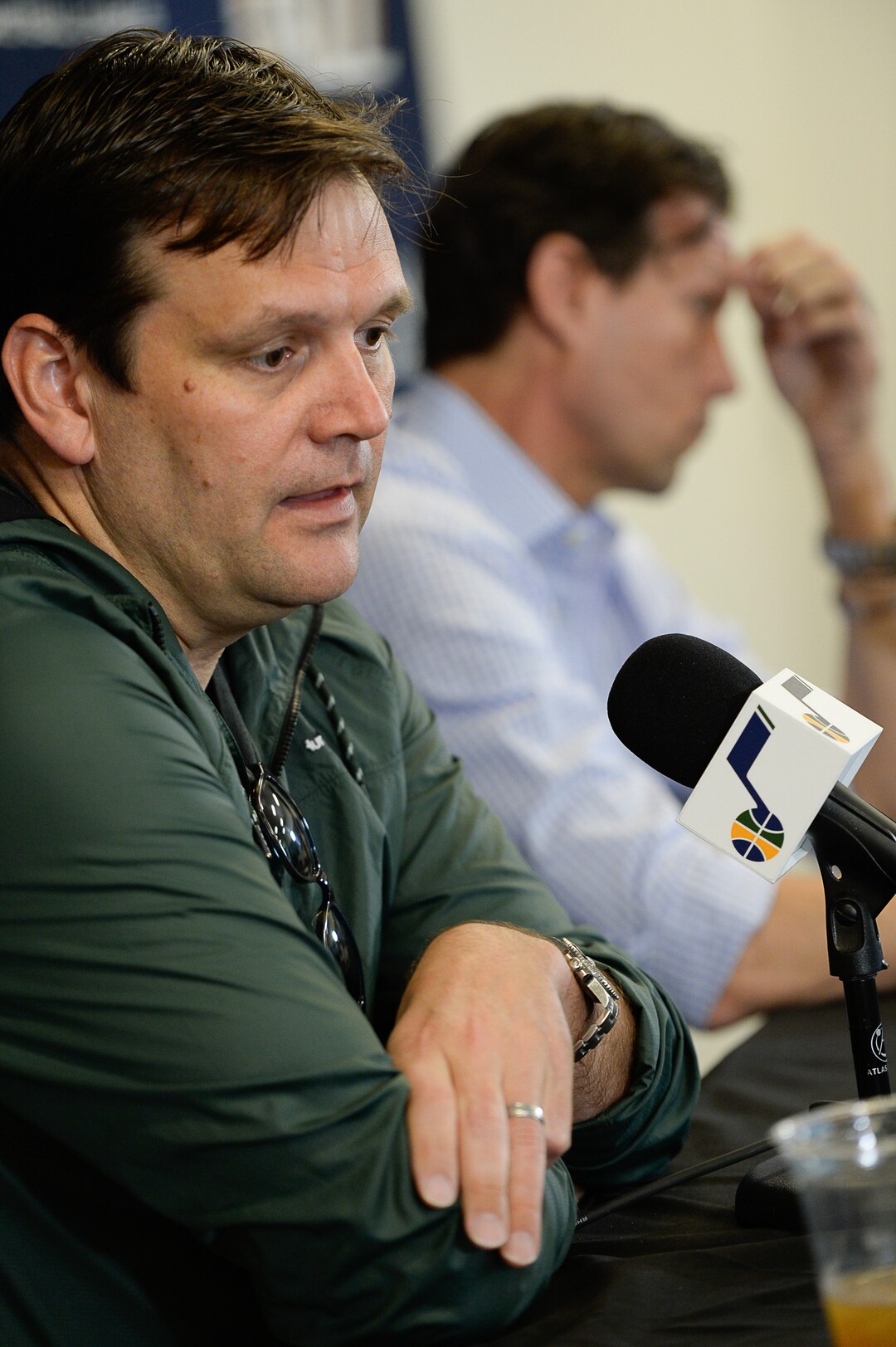 (Francisco Kjolseth  |  The Salt Lake Tribune)  Utah Jazz General Manager Dennis Lindsey and head coach Quin Snyder speak with the media during exit interviews at their practice facility in Salt Lake City Wed., May 8, 2018, after losing to the Houston Rockets in game 5 of their Western Conference Semifinals during the 2018 NBA Playoffs.