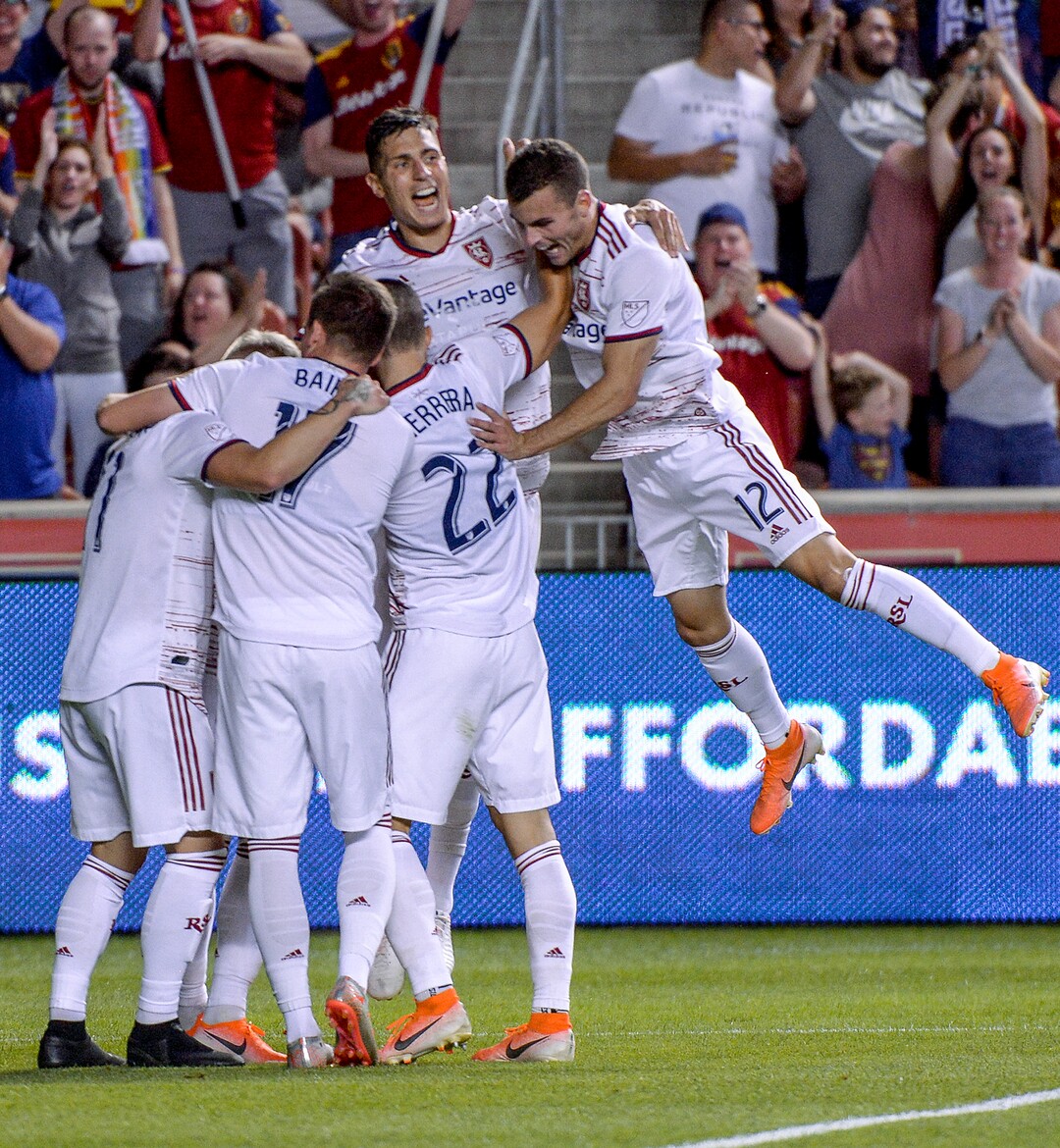 (Leah Hogsten  |  The Salt Lake Tribune) Real Salt Lake midfielder Albert Rusnak (11) is mobbed after scoring in the second half. Real Salt Lake defeated Philadelphia Union 4-0 in MLS Soccer at Rio Tinto Stadium in Sandy, Utah on Sat, July 13, 2019.