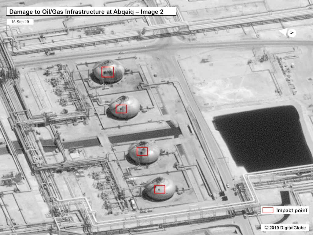 (U.S. government/Digital Globe via AP) This image shows damage to the infrastructure at Saudi Aramco's Abaqaiq oil processing facility in Buqyaq, Saudi Arabia. The drone attack Saturday on Saudi Arabia's Abqaiq plant and its Khurais oil field led to the interruption of an estimated 5.7 million barrels of the kingdom's crude oil production per day, equivalent to more than 5% of the world's daily supply.