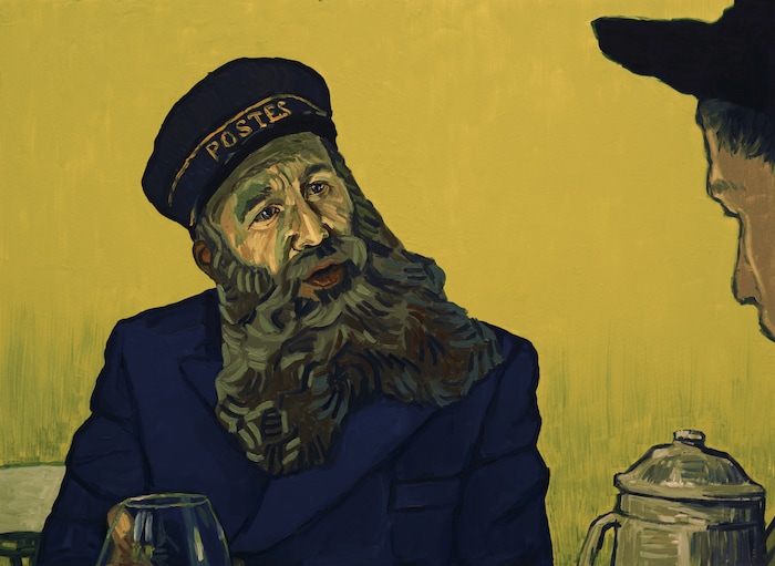 (Courtesy Good Deed Entertainment) Postman Roulin (performed by Chris O'Dowd) talks about his friendship with Vincent Van Gogh, in a scene from the animated drama "Loving Vincent," inspired by the works of Vincent Van Gogh.