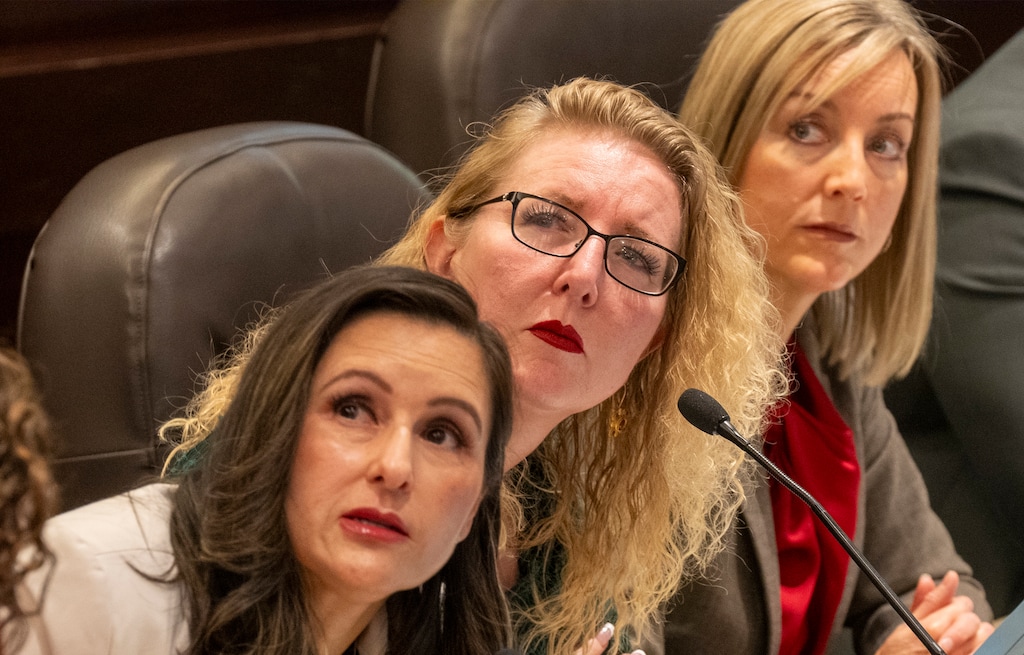 (Rick Egan | The Salt Lake Tribune) From left: Salt Lake County Council members Dea Theodore, Laurie Stringham, and Aimee Winder Newton listen to an online commenter during a Salt Lake County Council meeting on Tuesday, Nov. 4, 2025, in Salt Lake City. The council voted 5-3 along party lines in a special meeting on Monday to keep four county-run child care centers open through May. 