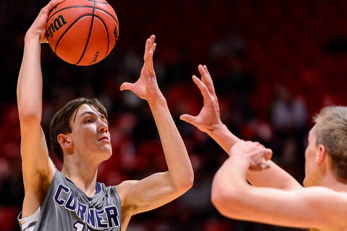 (Trent Nelson | The Salt Lake Tribune)  Box Elder vs. Corner Canyon, 5A State high school basketball tournament at the Huntsman Center in Salt Lake City, Wednesday Feb. 28, 2018. Corner Canyon's Hayden Welling (13) shoots.