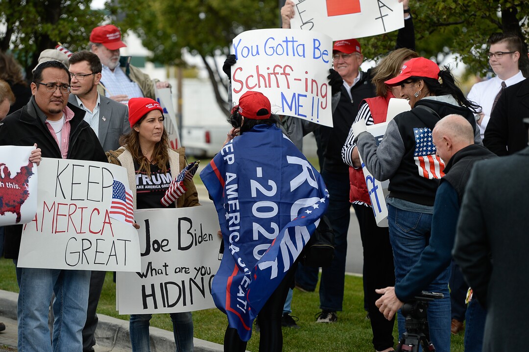 (Francisco Kjolseth | The Salt Lake Tribune) Two competing rallies spar near Rep. Ben McAdams' office in West Jordan, one seeking to support McAdams and one to criticize him for supporting the impeachment inquiry of President Donald Trump on Wednesday, Oct. 9, 2019.