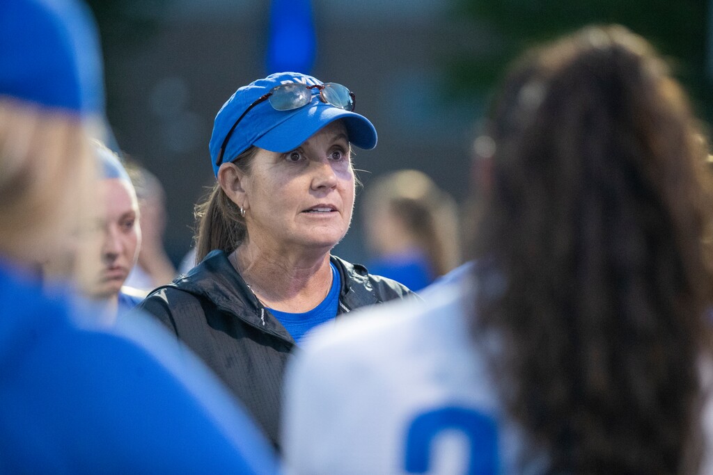 BYU head coach Jennifer Rockwood talks to her team at the women’s soccer preseason scrimmage for the 2022 season. Aug. 6, 2022 (Photo by Christi Norris/BYU)