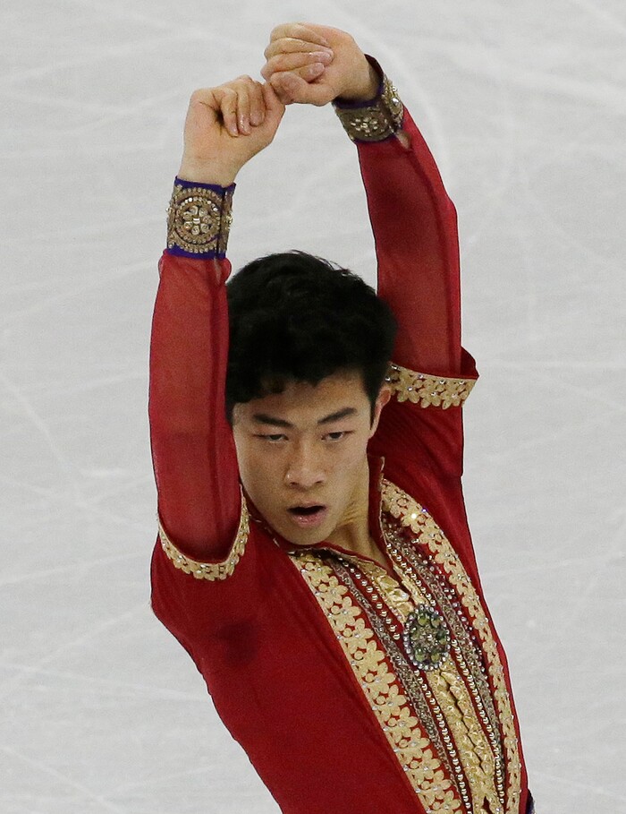 Gold medalist Nathan Chen of the United States competes in the men free skating at the ISU Four Continents Figure Skating Championships in Gangneung, South Korea, Sunday, Feb. 19, 2017. (AP Photo/Ahn Young-joon)