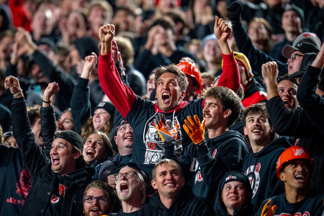 (Trent Nelson  |  The Salt Lake Tribune) Fans celebrate as Utah hosts Houston, NCAA football at Rice-Eccles Stadium in Salt Lake City on Saturday, Oct. 24, 2026.