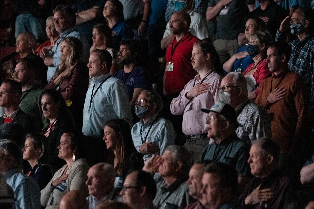 (Francisco Kjolseth | The Salt Lake Tribune) Delegates pledge the allegiance as they attend the Utah Republican Party’s 2021 Organizing Convention at the Maverik Center in West Valley City on Saturday, May 1, 2021, as they return to an in-person format after the pandemic forced the nominating convention to go online last year.