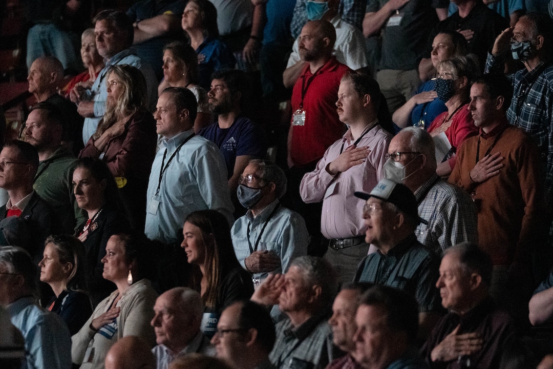 (Francisco Kjolseth | The Salt Lake Tribune) Delegates pledge the allegiance as they attend the Utah Republican Party’s 2021 Organizing Convention at the Maverik Center in West Valley City on Saturday, May 1, 2021, as they return to an in-person format after the pandemic forced the nominating convention to go online last year.