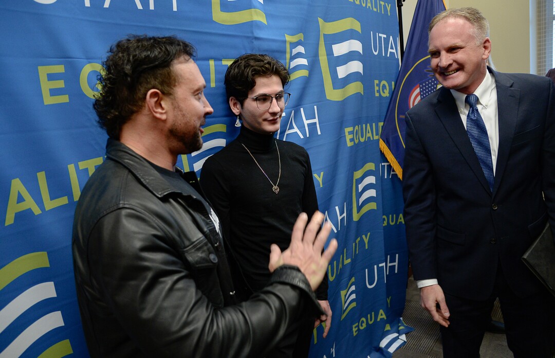 (Francisco Kjolseth  |  The Salt Lake Tribune) Justin Utley, left, and Nathan Dalley, both survivors of conversion therapy, speak with Rep. Craig Hall, R-West Valley, who was the sponsor of the bill that helped prohibit conversion therapy. Equality Utah held a press conference at the Utah Capitol on Wednesday, Jan. 22, 2020, to recognize Utah becoming the 19th state in the nation to enact a ban on conversion therapy for minors.