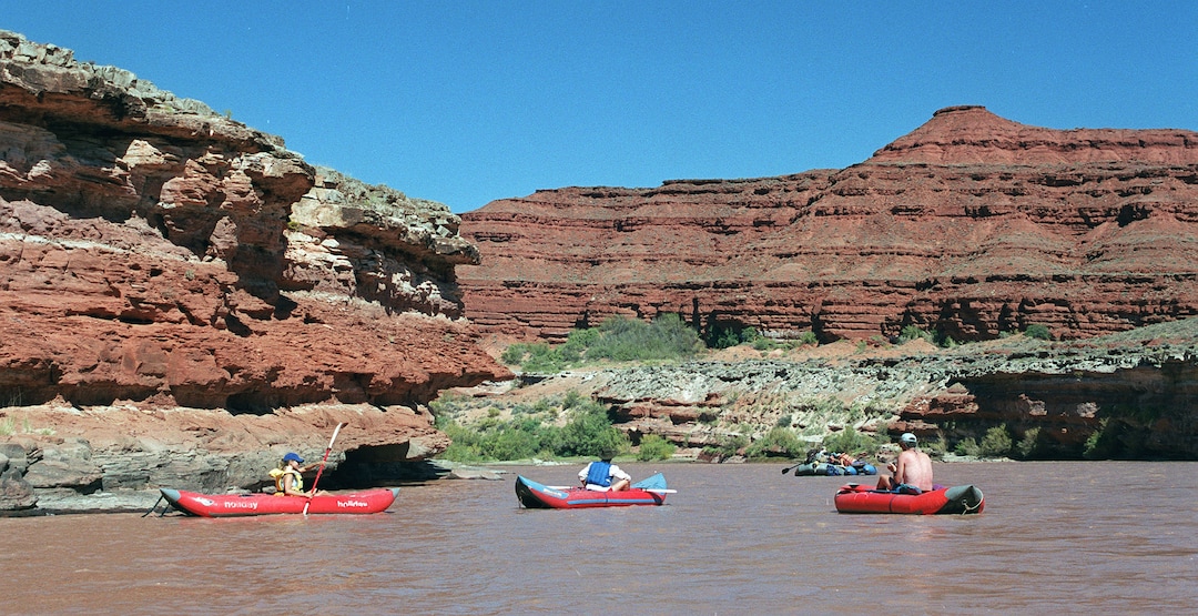 (Al Hartmann  |  The Salt Lake Tribune)  Rafters on rubber ducks make their way down the San Juan River between Bluff and Mexican Hat.  The area is included for a proposed Bears Ears National Conservation Area.